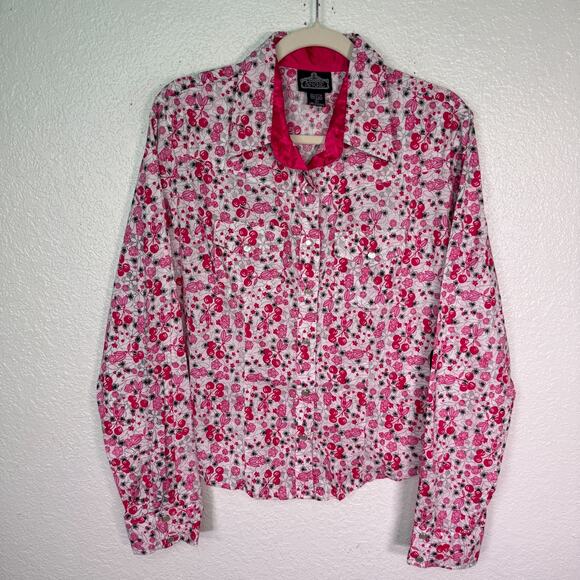 Angie Tops - Angie Y2K Shirt Womens Large Cherry Floral Snap Button Western Boho Cotton Top